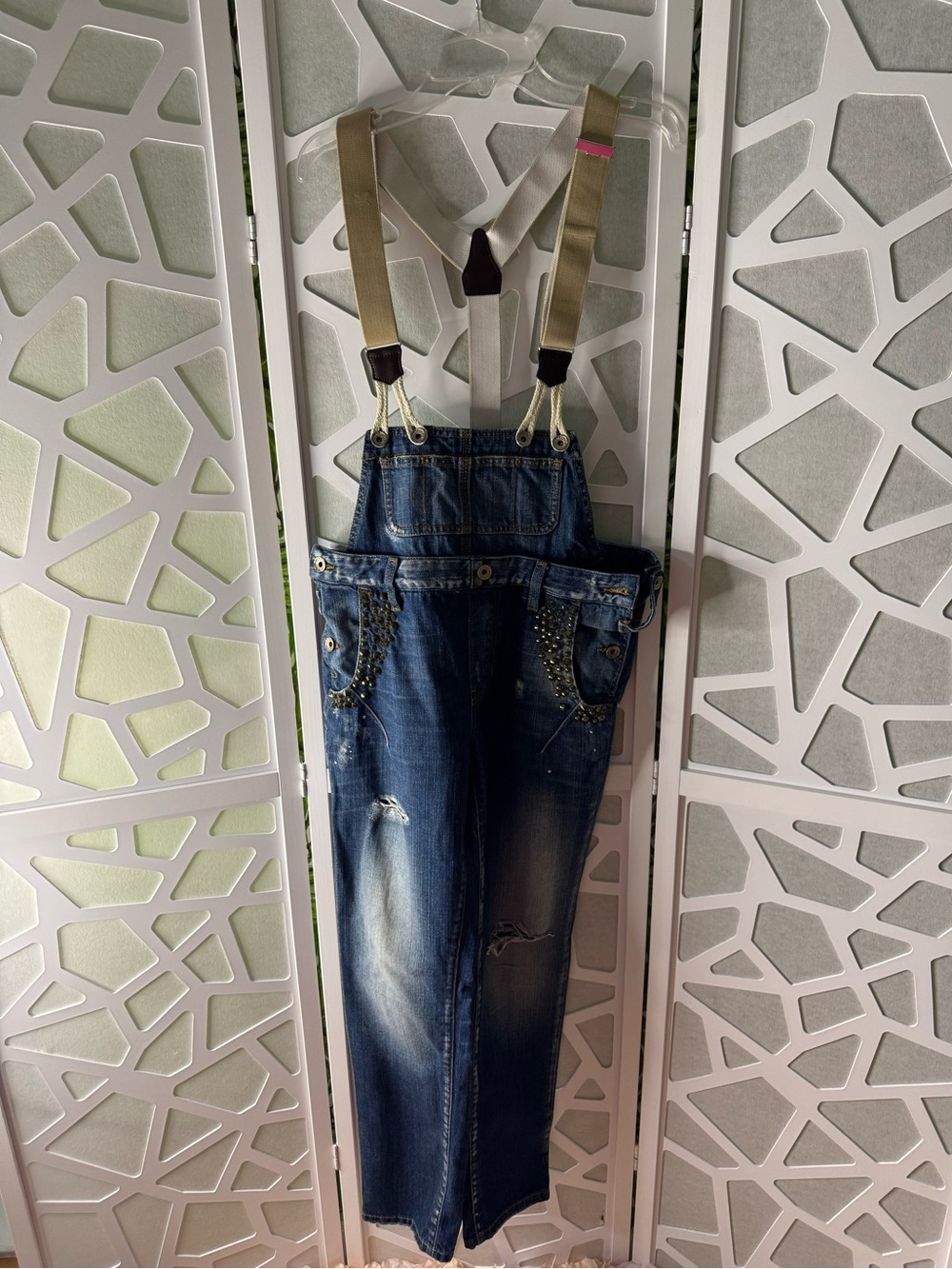 Guess Dark Blue Denim Overalls with Khaki Suspenders